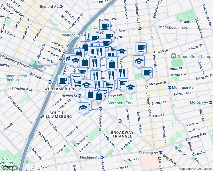 map of restaurants, bars, coffee shops, grocery stores, and more near 14 Stagg Street in Brooklyn