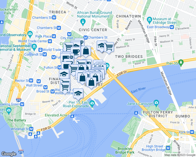 map of restaurants, bars, coffee shops, grocery stores, and more near 299 Pearl Street in New York