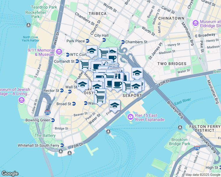 map of restaurants, bars, coffee shops, grocery stores, and more near 25 Cliff Street in New York