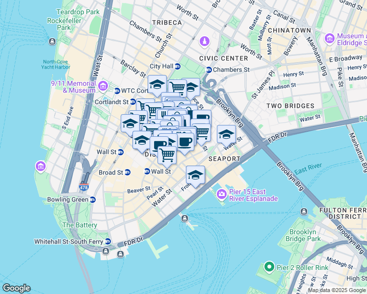 map of restaurants, bars, coffee shops, grocery stores, and more near 66 John Street in New York