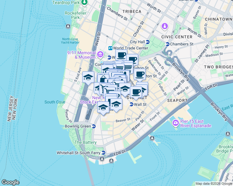 map of restaurants, bars, coffee shops, grocery stores, and more near 75 Broadway in New York