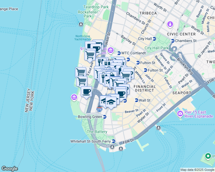 map of restaurants, bars, coffee shops, grocery stores, and more near 13-21 Rector Street in New York