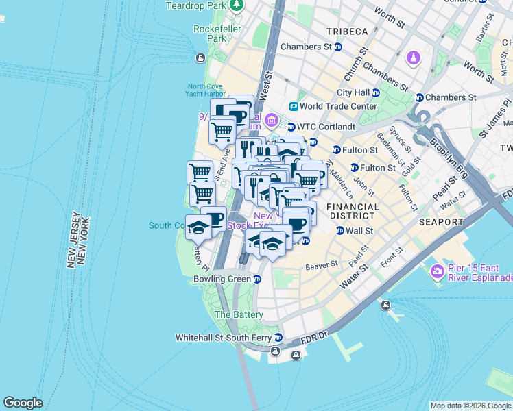 map of restaurants, bars, coffee shops, grocery stores, and more near 13-21 Rector Street in New York