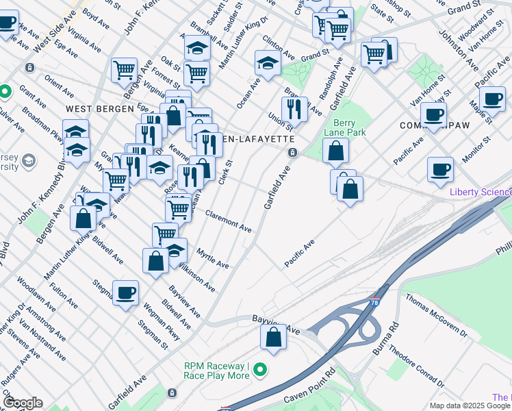 map of restaurants, bars, coffee shops, grocery stores, and more near 121 Carteret Avenue in Jersey City