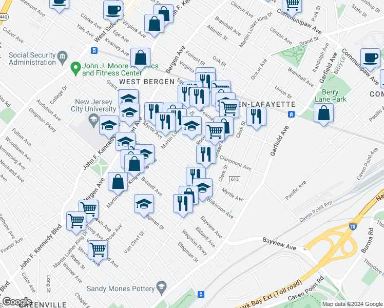 map of restaurants, bars, coffee shops, grocery stores, and more near 402 Rose Avenue in Jersey City