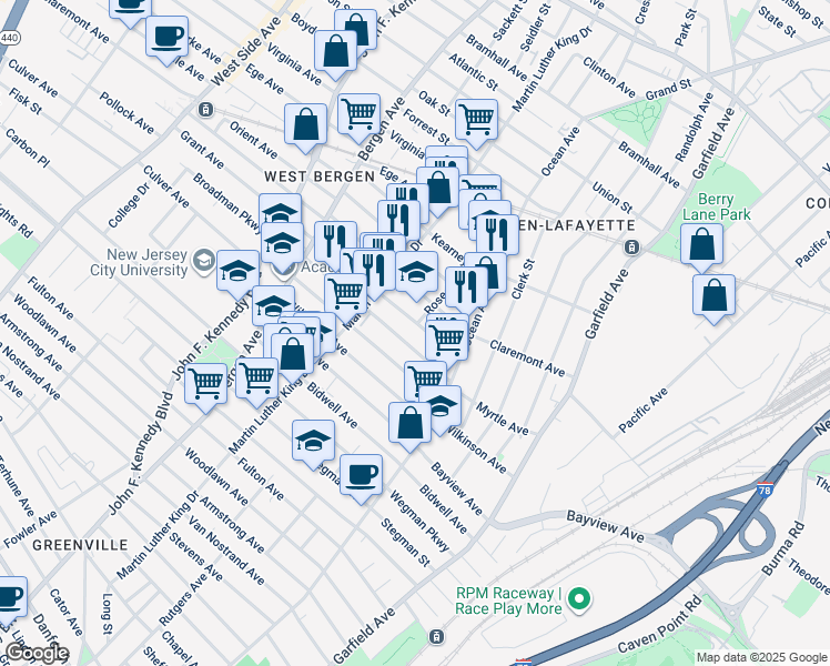 map of restaurants, bars, coffee shops, grocery stores, and more near 402 Rose Avenue in Jersey City