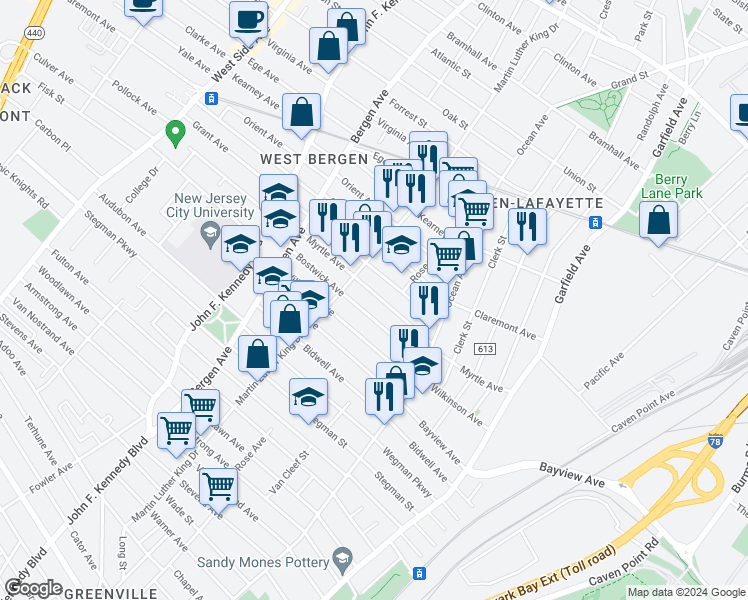 map of restaurants, bars, coffee shops, grocery stores, and more near 146 Myrtle Avenue in Jersey City