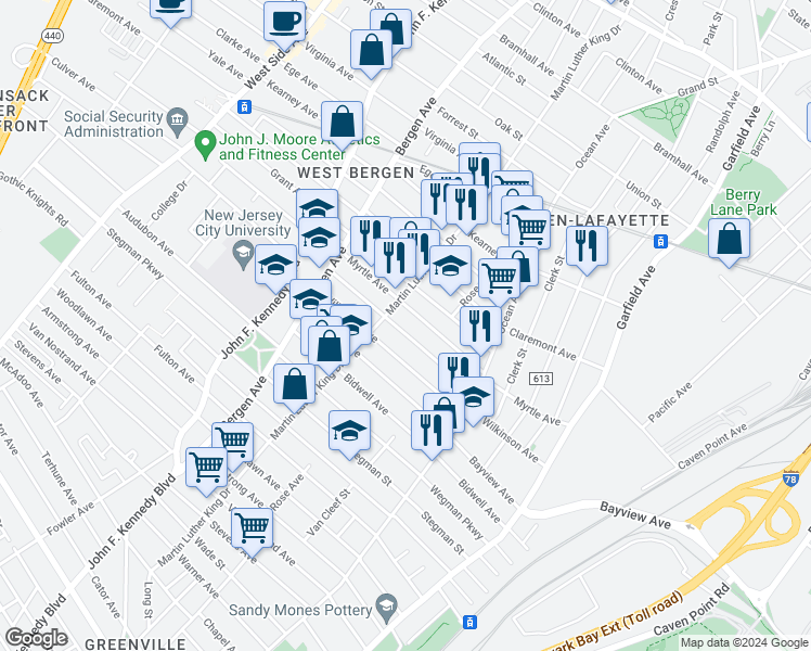 map of restaurants, bars, coffee shops, grocery stores, and more near 146 Myrtle Avenue in Jersey City