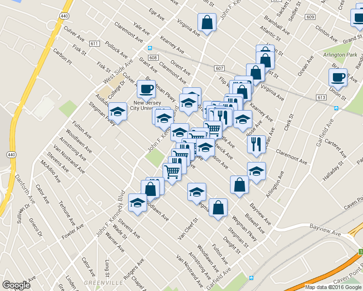 map of restaurants, bars, coffee shops, grocery stores, and more near 176 Bergen Avenue in Jersey City