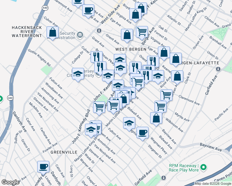 map of restaurants, bars, coffee shops, grocery stores, and more near 176 Bergen Avenue in Jersey City