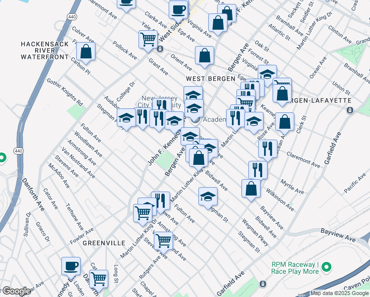 map of restaurants, bars, coffee shops, grocery stores, and more near 176 Bergen Avenue in Jersey City