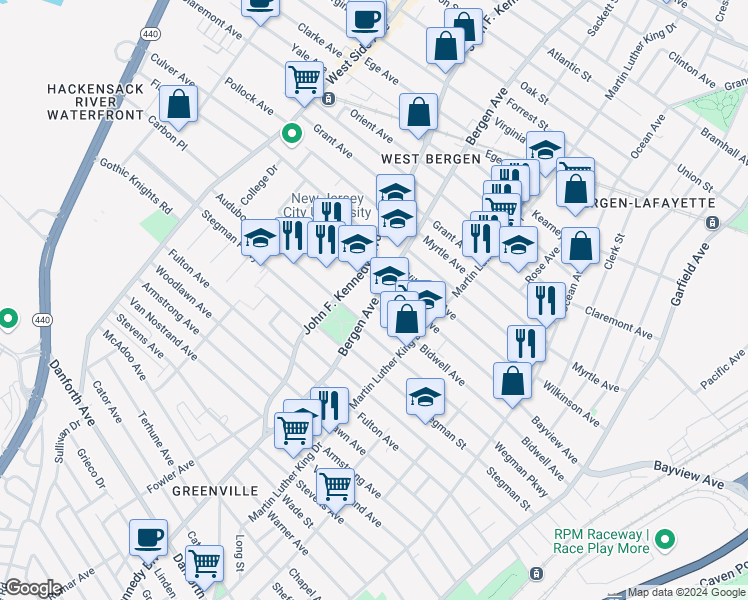 map of restaurants, bars, coffee shops, grocery stores, and more near 176 Bergen Avenue in Jersey City