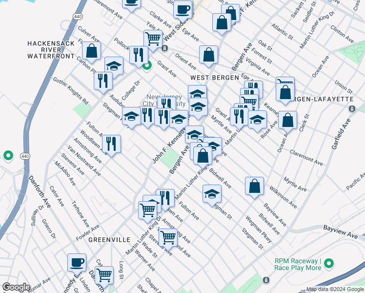 map of restaurants, bars, coffee shops, grocery stores, and more near 2026 John F. Kennedy Boulevard in Jersey City