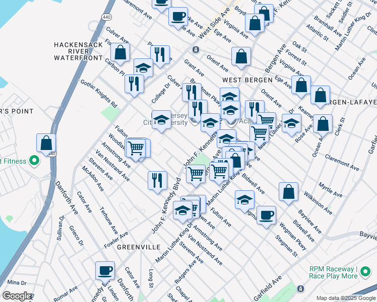 map of restaurants, bars, coffee shops, grocery stores, and more near 49 Audubon Avenue in Jersey City