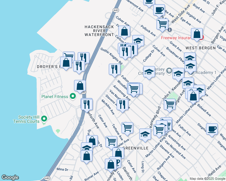 map of restaurants, bars, coffee shops, grocery stores, and more near 397 Armstrong Avenue in Jersey City
