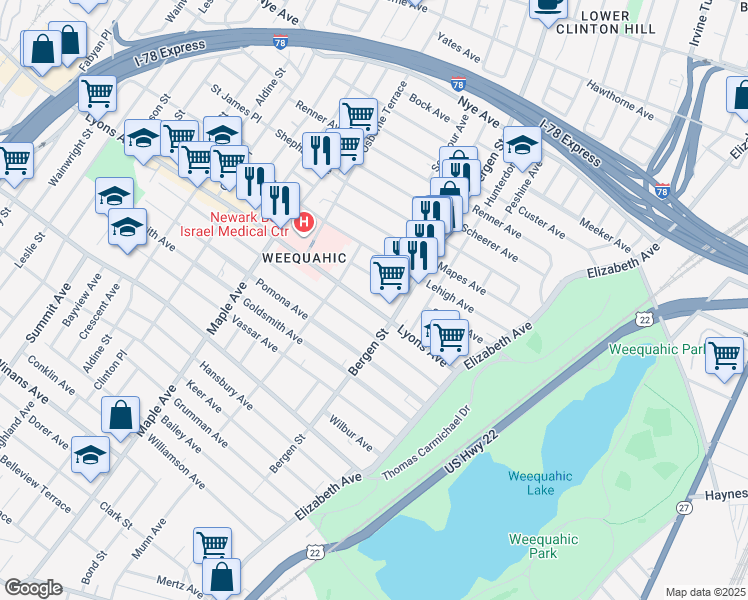 map of restaurants, bars, coffee shops, grocery stores, and more near 32 Harding Terrace in Newark