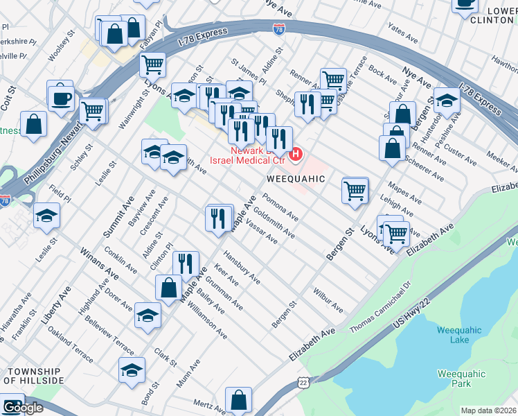 map of restaurants, bars, coffee shops, grocery stores, and more near in Newark