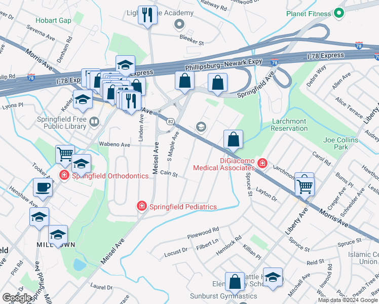 map of restaurants, bars, coffee shops, grocery stores, and more near 81 Morris Avenue in Springfield