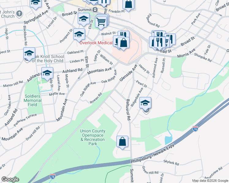 map of restaurants, bars, coffee shops, grocery stores, and more near 25 Baltusrol Place in Summit