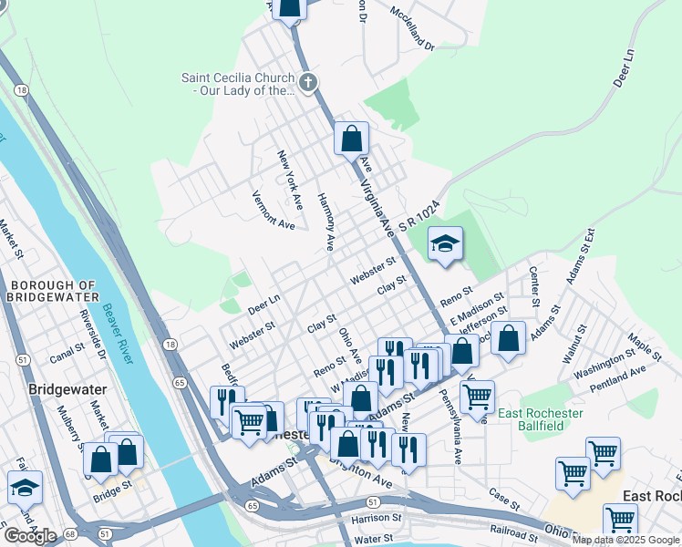 map of restaurants, bars, coffee shops, grocery stores, and more near 423 Deer Lane in Rochester