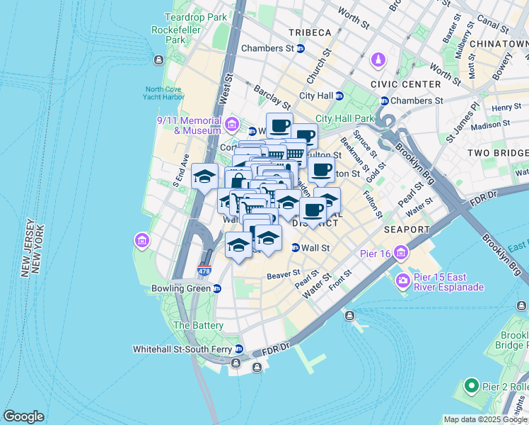 map of restaurants, bars, coffee shops, grocery stores, and more near 100 Broadway in New York
