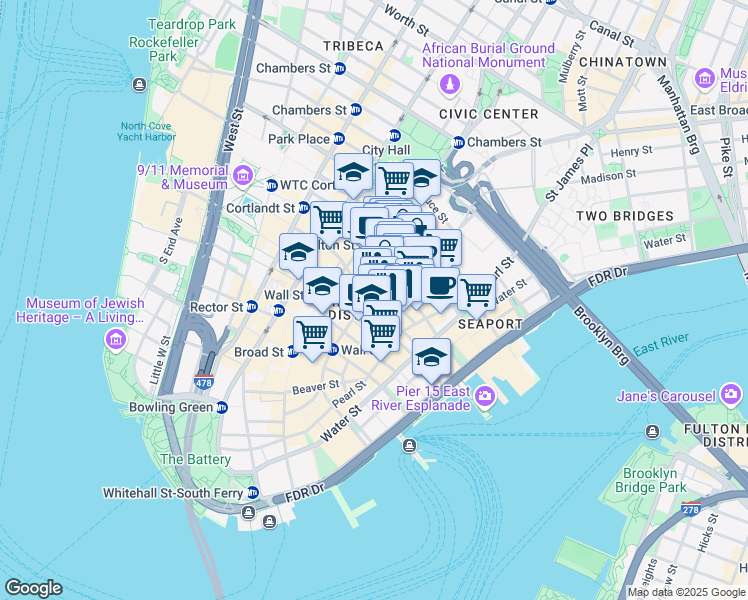 map of restaurants, bars, coffee shops, grocery stores, and more near 84 William Street in New York