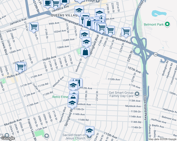map of restaurants, bars, coffee shops, grocery stores, and more near 219-01 109th Avenue in Queens