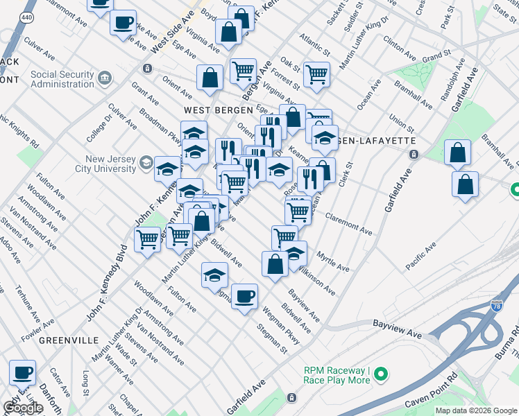 map of restaurants, bars, coffee shops, grocery stores, and more near 146 Myrtle Avenue in Jersey City