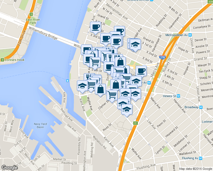 map of restaurants, bars, coffee shops, grocery stores, and more near Bedford Ave & S 10th St in Brooklyn