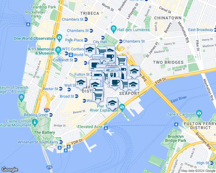 map of restaurants, bars, coffee shops, grocery stores, and more near 25 Cliff Street in New York