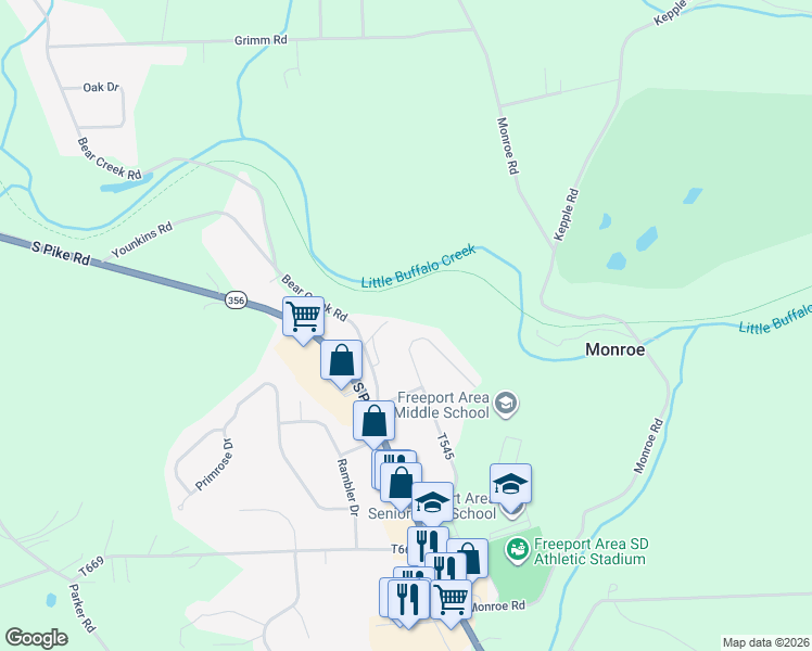 map of restaurants, bars, coffee shops, grocery stores, and more near 301 Silverview Drive in Sarver