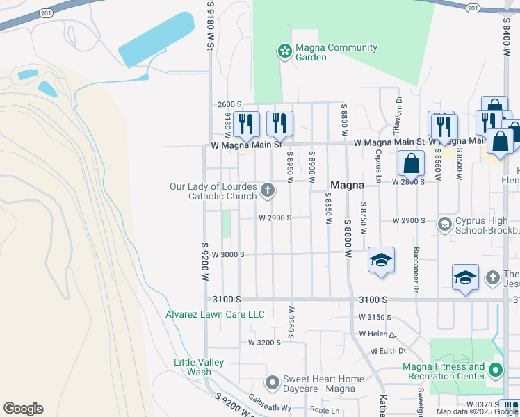 map of restaurants, bars, coffee shops, grocery stores, and more near 2871 South 9050 West in Magna