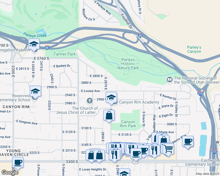 map of restaurants, bars, coffee shops, grocery stores, and more near 2897 East Louise Avenue in Salt Lake City