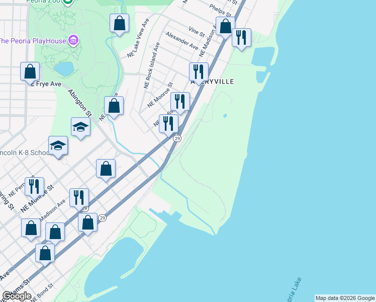 map of restaurants, bars, coffee shops, grocery stores, and more near 2300 Northeast Adams Street in Peoria