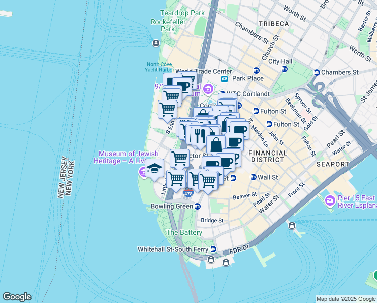 map of restaurants, bars, coffee shops, grocery stores, and more near 50 West Street in New York