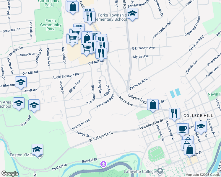 map of restaurants, bars, coffee shops, grocery stores, and more near 21 Abbey Road in Easton