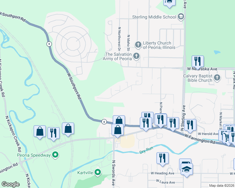 map of restaurants, bars, coffee shops, grocery stores, and more near 1606 North Great Oak Road in Peoria