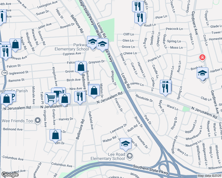 map of restaurants, bars, coffee shops, grocery stores, and more near 619 Berfond Place in East Meadow