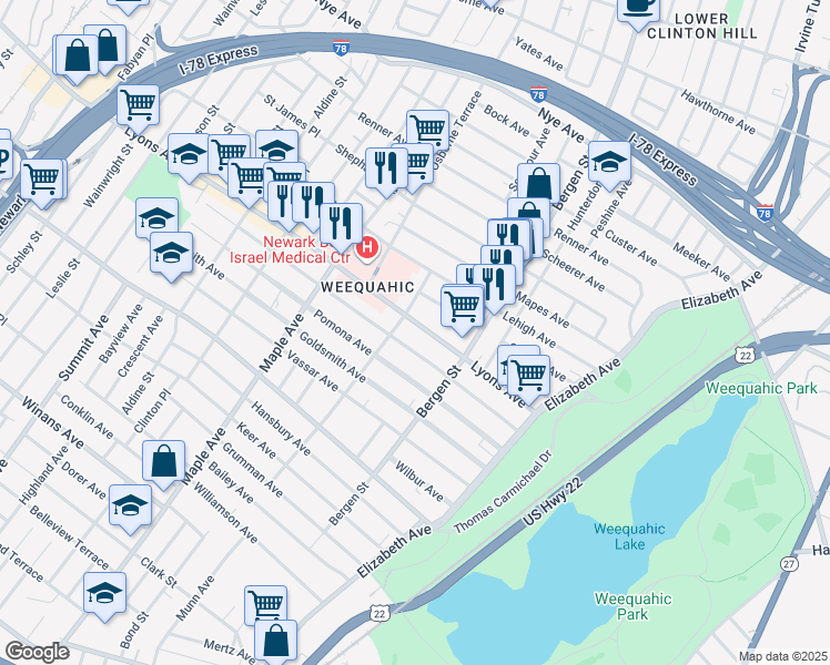 map of restaurants, bars, coffee shops, grocery stores, and more near 116 Lyons Avenue in Newark