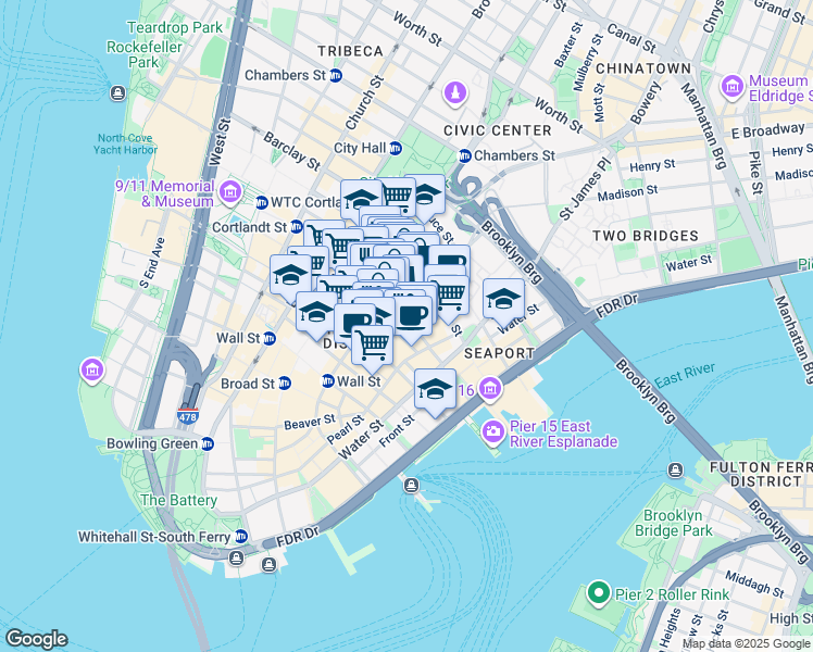 map of restaurants, bars, coffee shops, grocery stores, and more near 100 John Street in New York