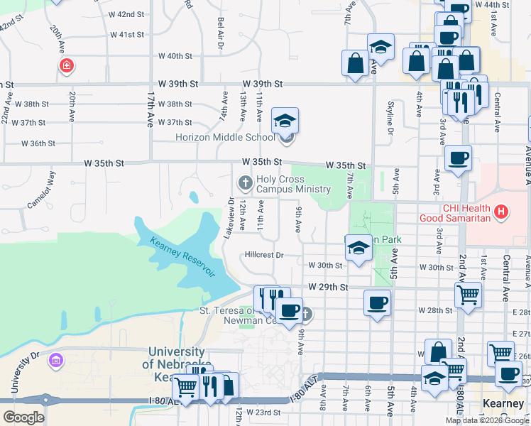 map of restaurants, bars, coffee shops, grocery stores, and more near 1066-1098 W 33rd St in Kearney