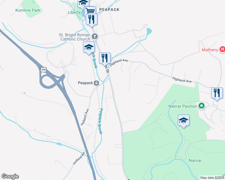 map of restaurants, bars, coffee shops, grocery stores, and more near 67 Main Street in Peapack