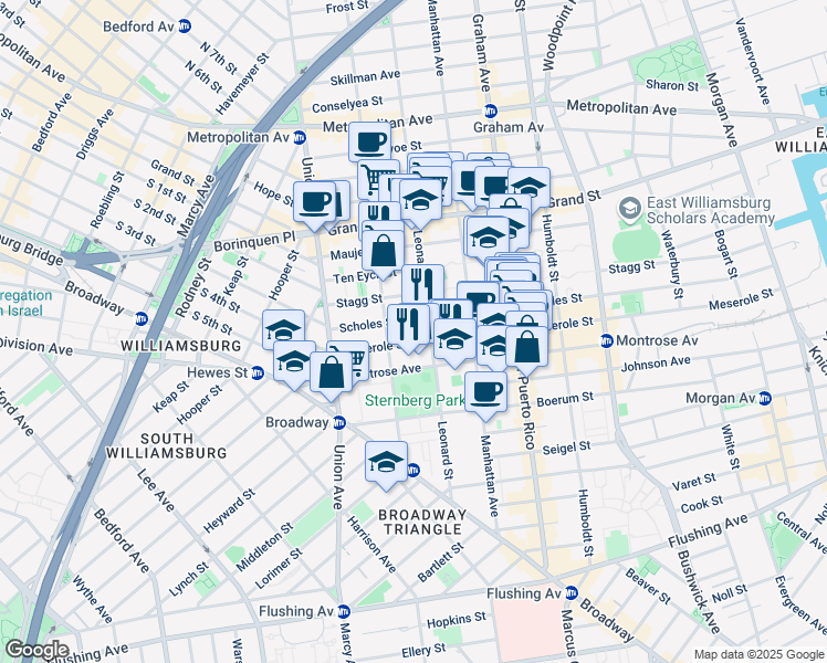 map of restaurants, bars, coffee shops, grocery stores, and more near 143 Leonard Street in Brooklyn