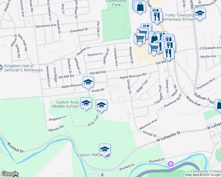 map of restaurants, bars, coffee shops, grocery stores, and more near 9 Brandywine Court in Easton