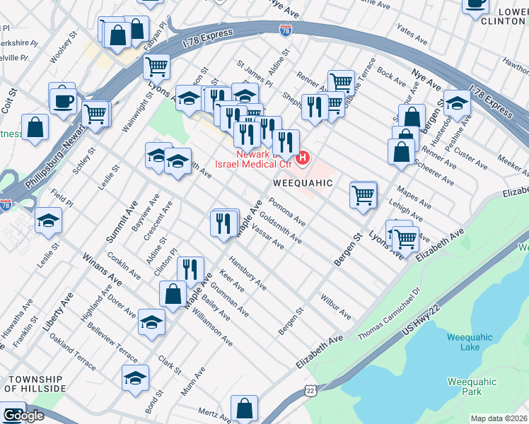 map of restaurants, bars, coffee shops, grocery stores, and more near in Newark