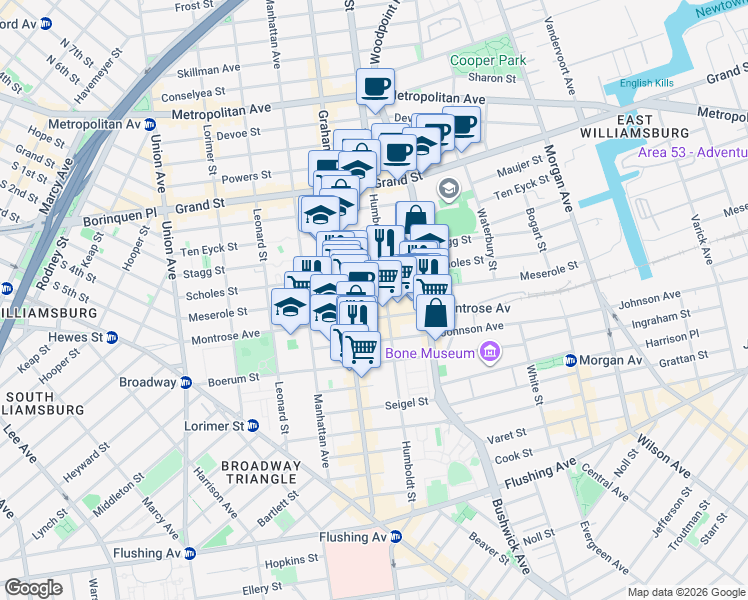 map of restaurants, bars, coffee shops, grocery stores, and more near 180 Meserole Street in Brooklyn