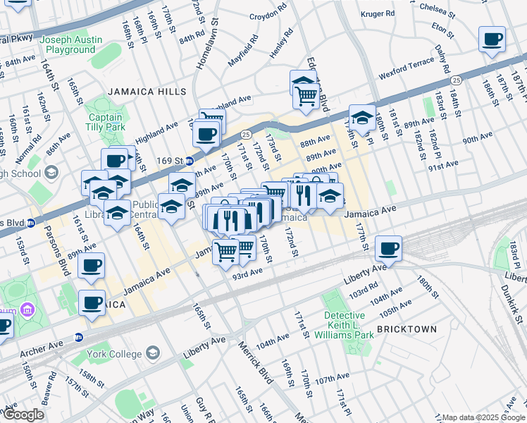 map of restaurants, bars, coffee shops, grocery stores, and more near 90-16 171st Street in Queens