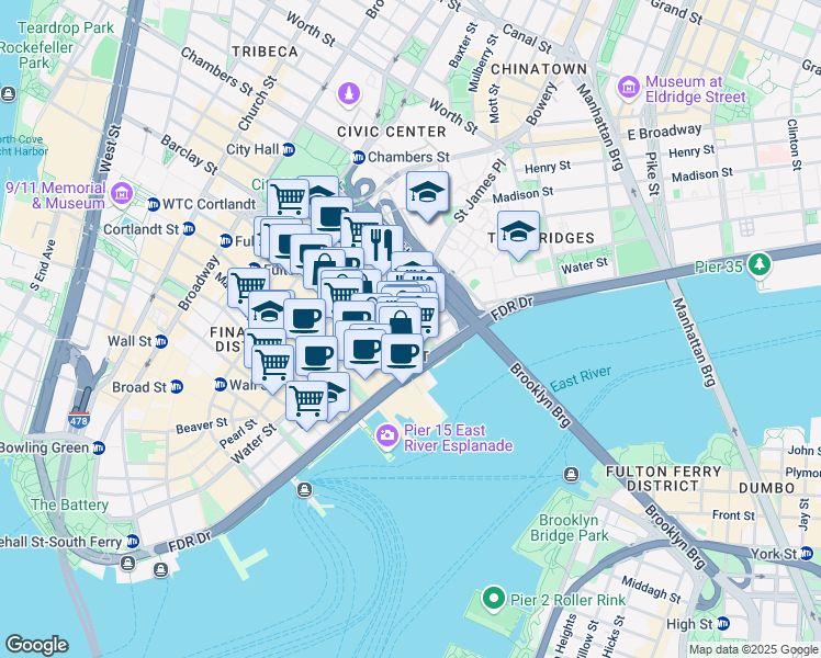 map of restaurants, bars, coffee shops, grocery stores, and more near 299 Pearl Street in New York