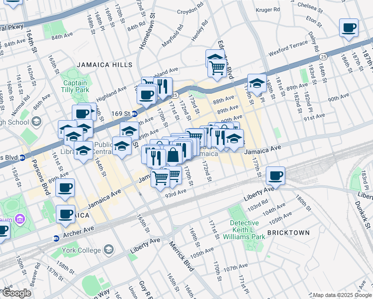 map of restaurants, bars, coffee shops, grocery stores, and more near 90-34 171st Street in Queens