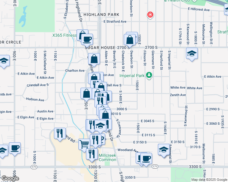 map of restaurants, bars, coffee shops, grocery stores, and more near 1371 East Zenith Avenue in Salt Lake City